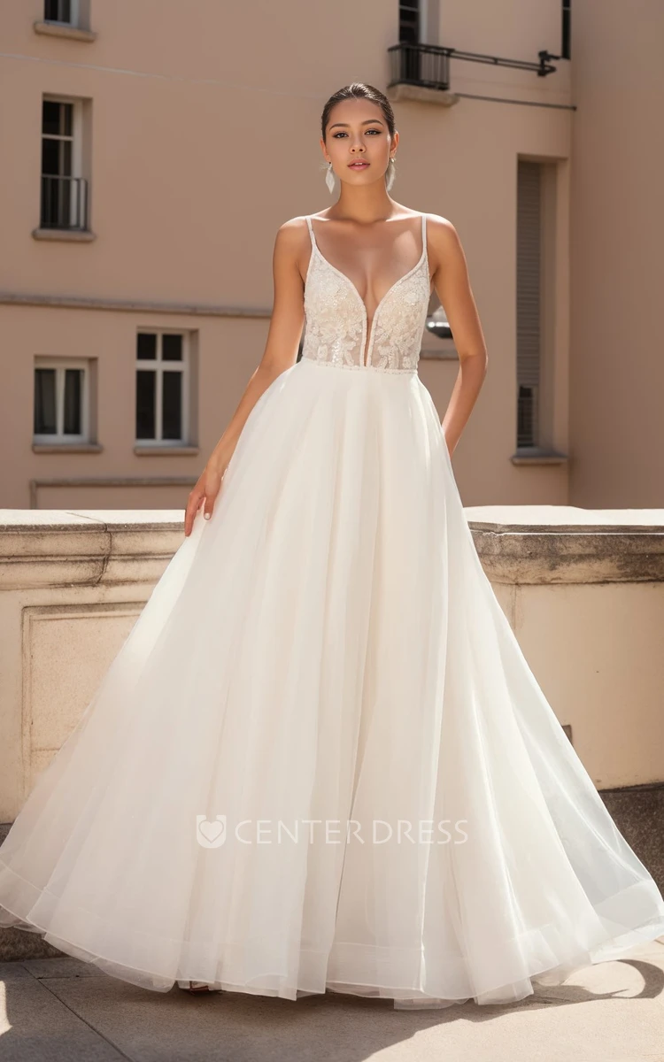 Romantic A-Line Elegant Summer Wedding Dress Plunging Beading Tulle Spaghetti Bridal Gown