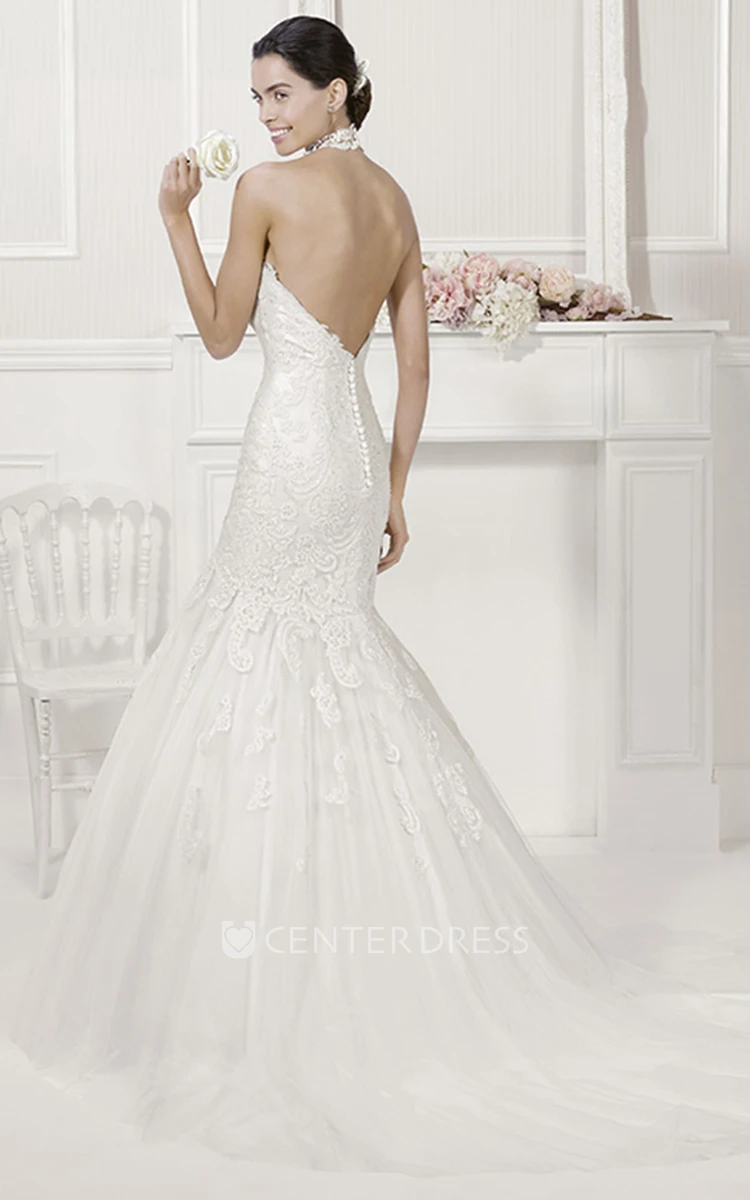 Halter Lace Mermaid Bridal Gown With Tulle Skirt
