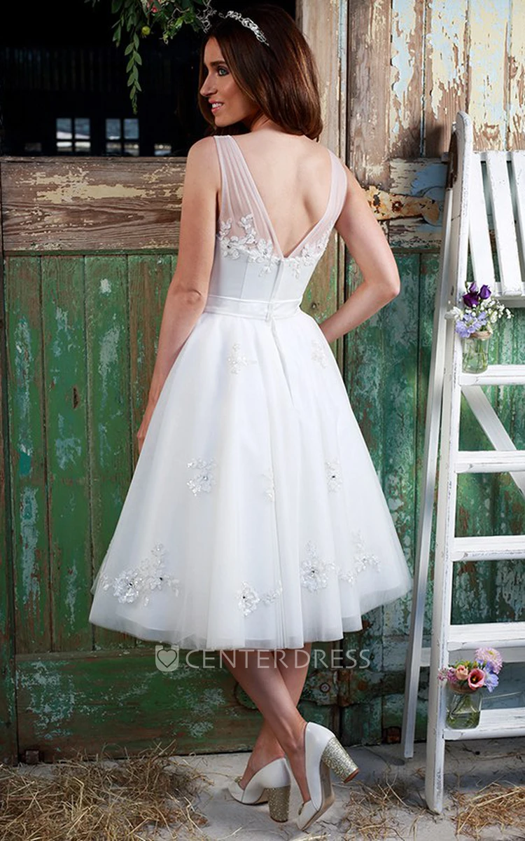 A-Line Appliqued Tea-Length V-Neck Sleeveless Tulle Wedding Dress