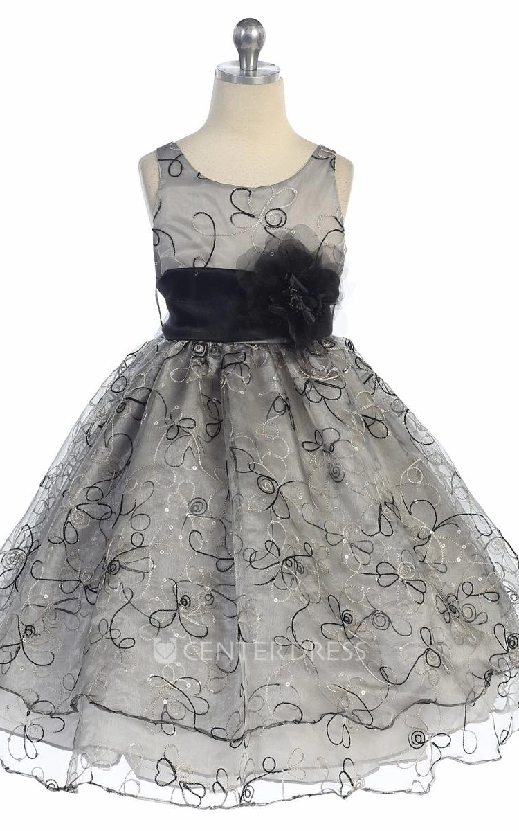 Embroideried Tea-Length Floral Sequins&Organza Flower Girl Dress With Sash