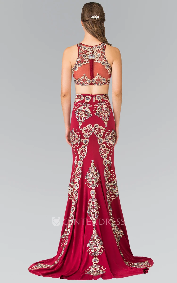 Two-Piece Sheath Maxi Jewel-Neck Sleeveless Jersey Illusion Dress With Appliques And Pleats