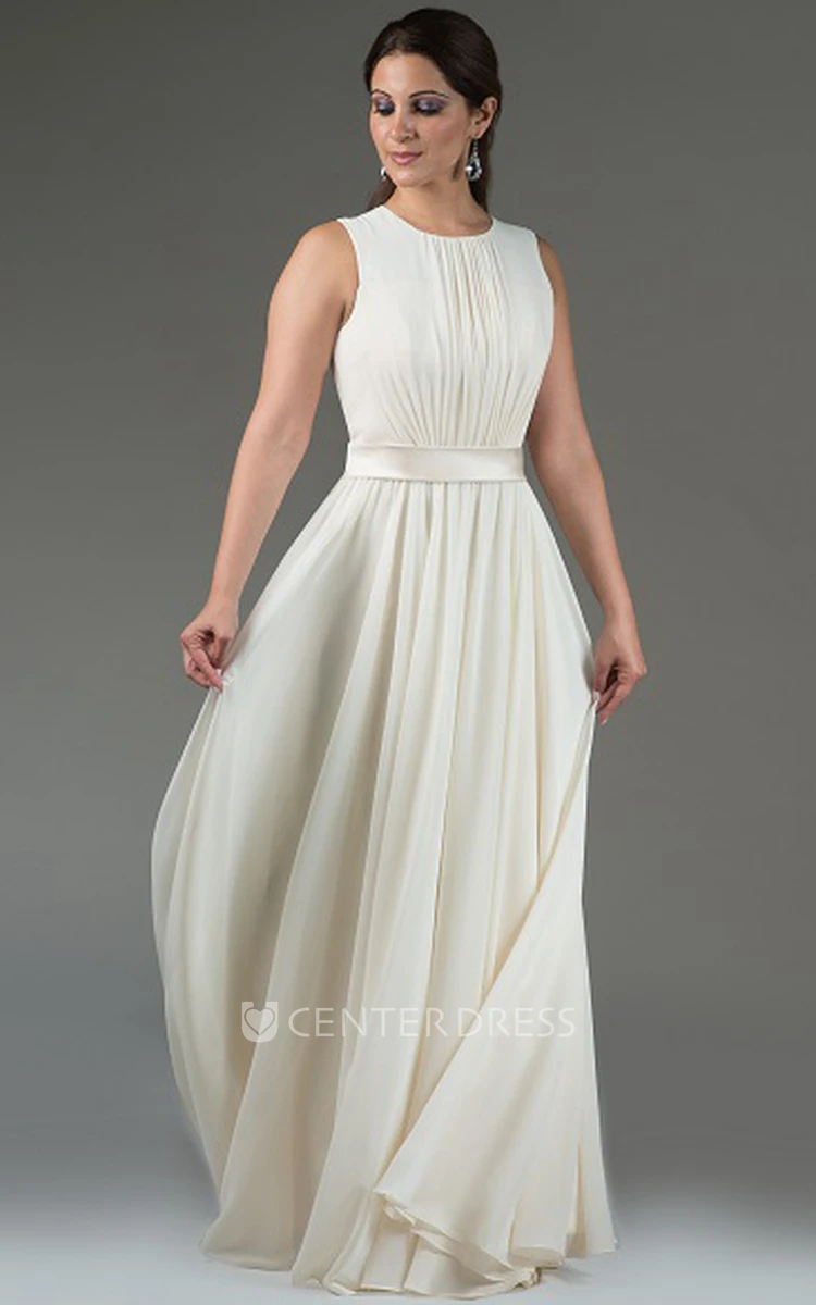 Scoop Neck Pleated A-Line Chiffon Long Bridesmaid Dress With Satin Sash
