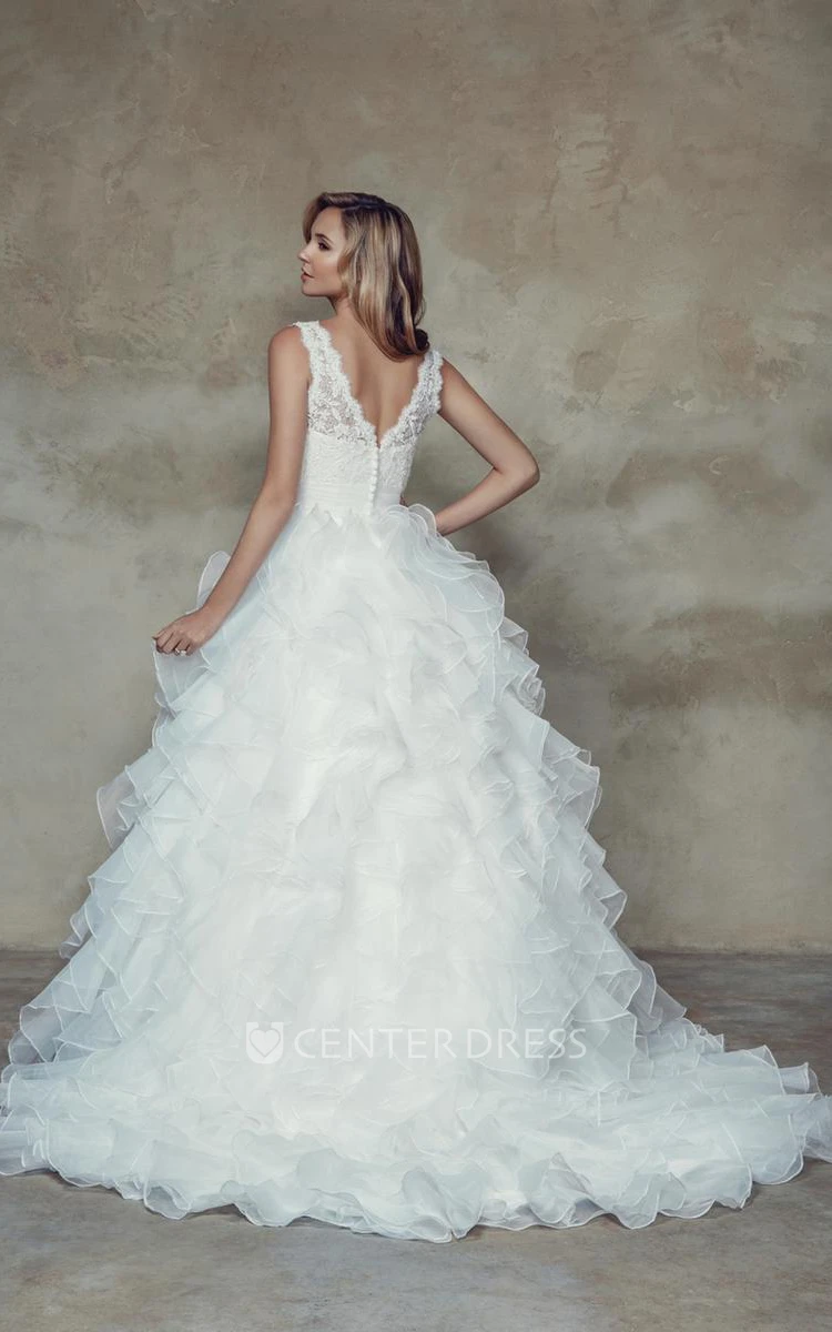 Ball-Gown Floor-Length V-Neck Appliqued Sleeveless Organza Wedding Dress With Cascading Ruffles And Low-V Back