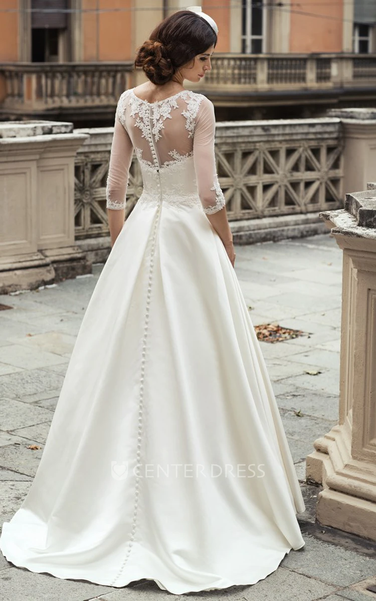 A-Line Long 3-4-Sleeve Appliqued Scoop-Neck Satin&Lace Wedding Dress