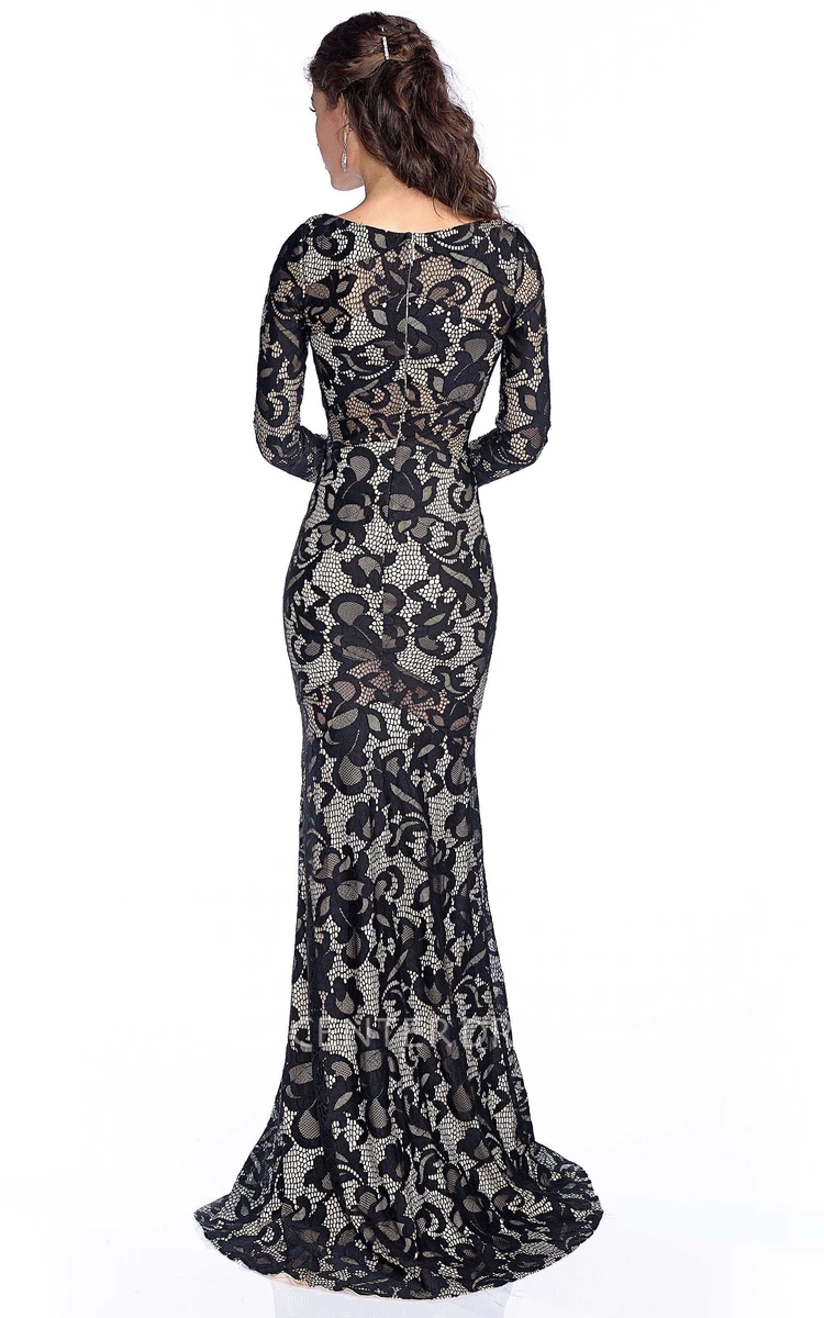 Trumpet Long Sleeve Lace Gown Featuring Brush Train And Beadings