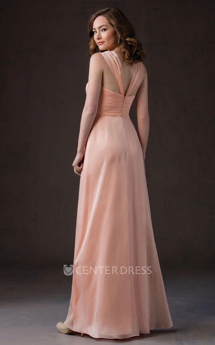 Cap-Sleeved Long Gown With Pleats And V-Back