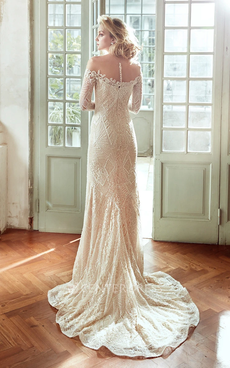 Off-Shoulder Sheath Lace Wedding Dress with Side Split and Long Sleeves