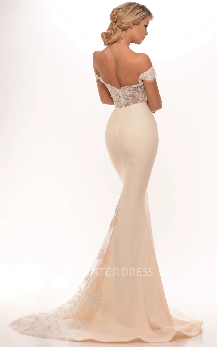 Trumpet Long Lace Off-The-Shoulder Jersey Prom Dress With Low-V Back And Brush Train