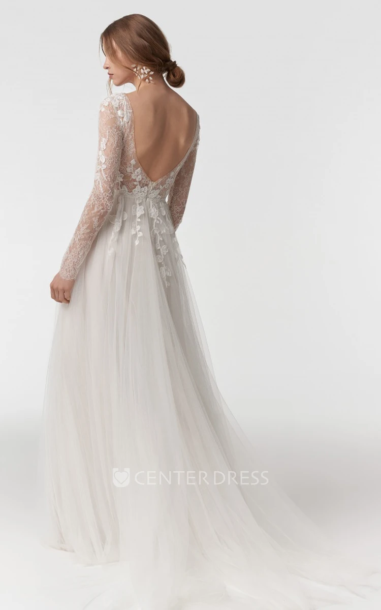 Romantic A Line V-neck Lace Tulle Long Sleeve Wedding Dress with Open Back