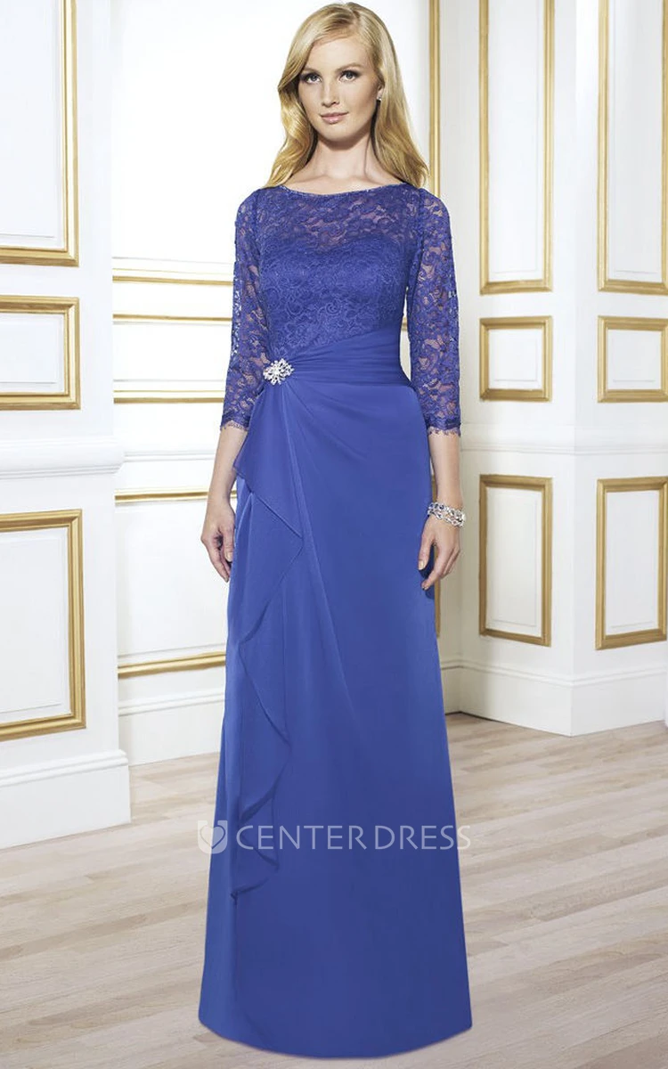 3-4 Sleeve Lace Bateau Neck Chiffon Formal Dress With Broach And Draping