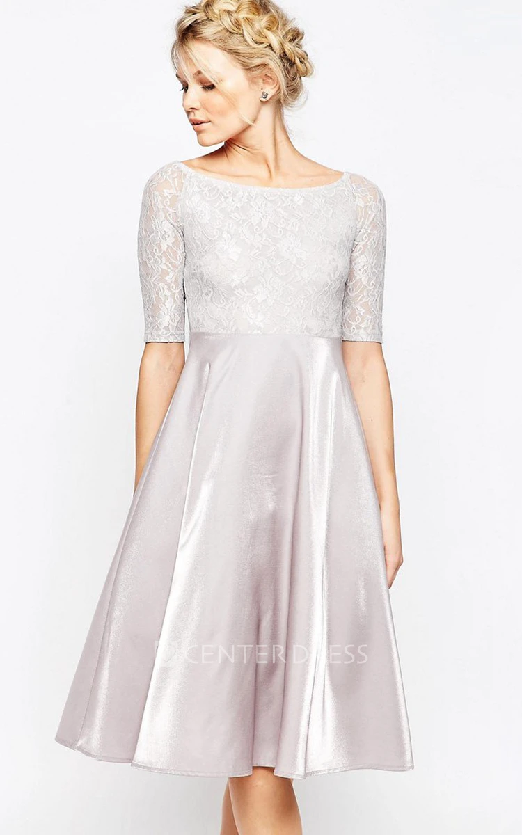A-Line Knee-Length Short Sleeve Lace Scoop Neck Strectch Satin Bridesmaid Dress