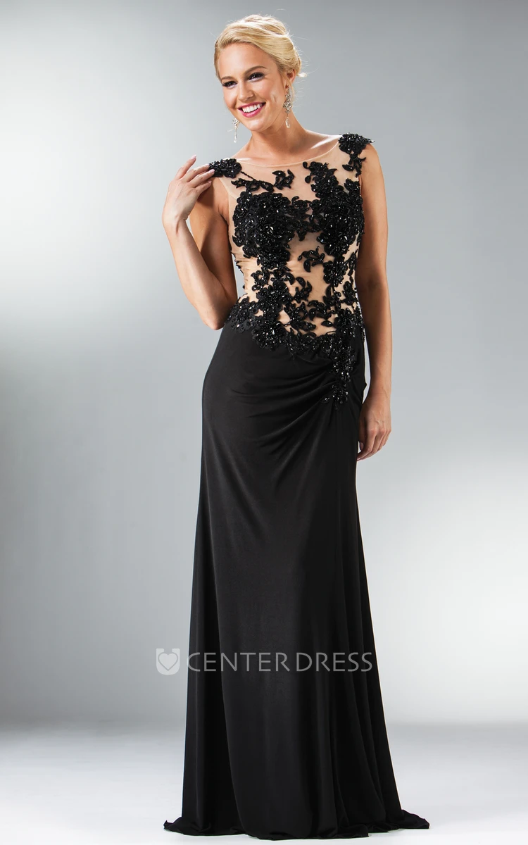Sheath Maxi Scoop-Neck Sleeveless Jersey Illusion Dress With Appliques And Beading