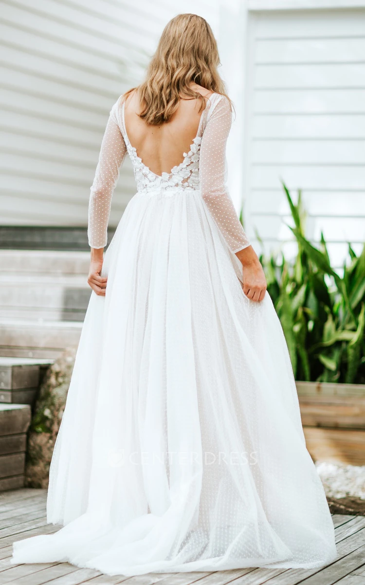 Elegant A Line Lace Bateau Sweep Train Wedding Dress with Appliques