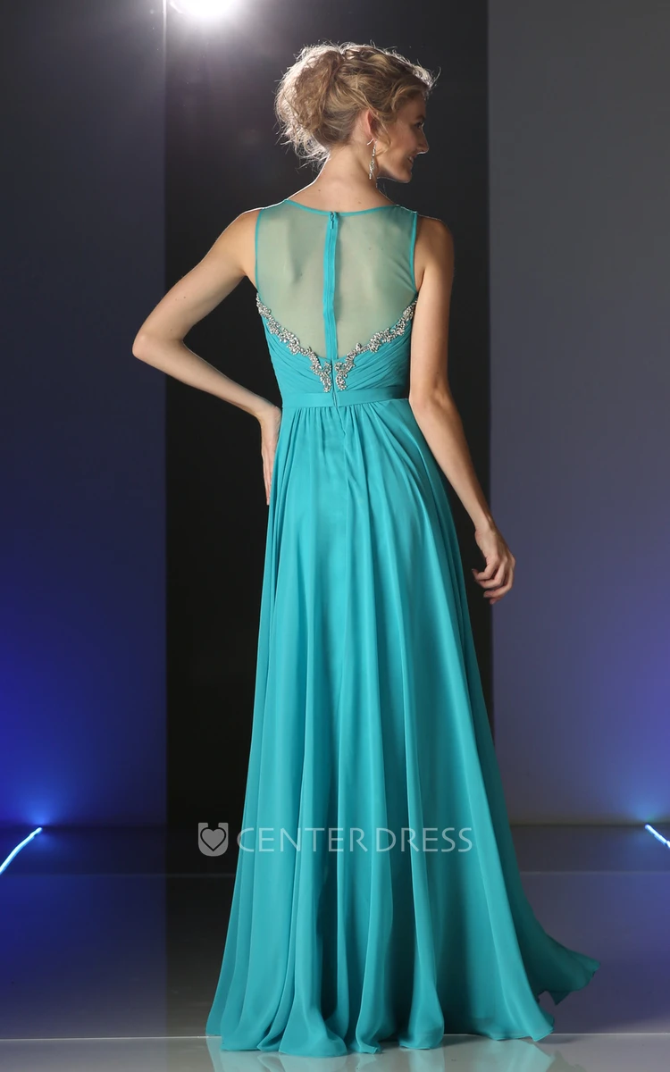 A-Line Long Scoop-Neck Sleeveless Chiffon Illusion Dress With Ruching And Beading