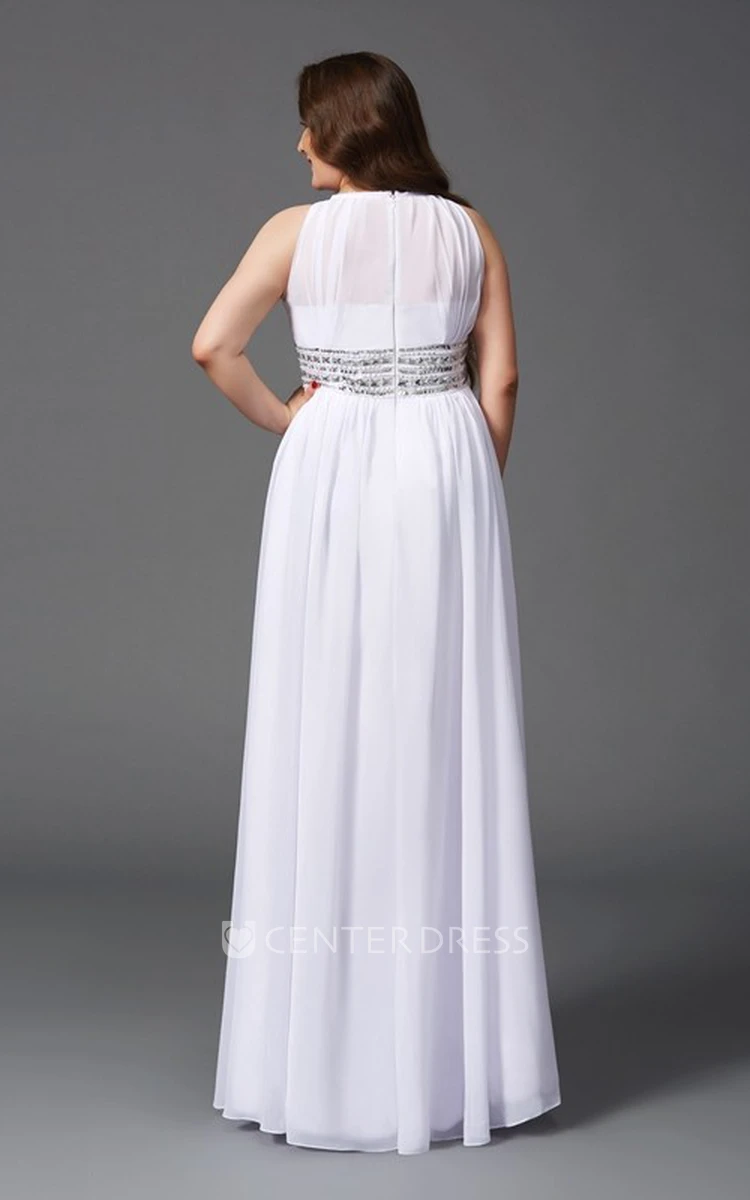 A-line Floor-length High Neck Sleeveless Chiffon Waist Jewellery Pleats Illusion Dress