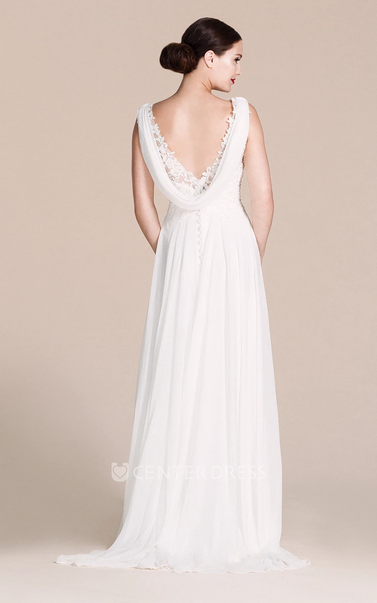 Sleeveless V-neck Chiffon Wedding Dress With Lace Bodice
