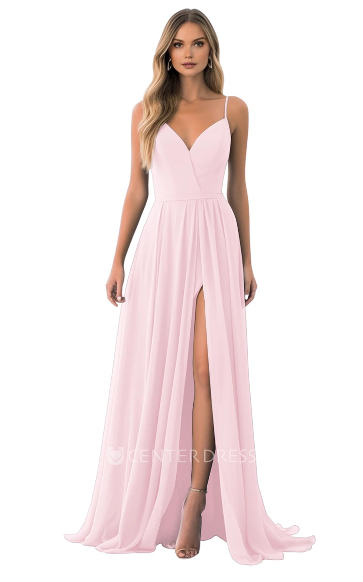 Spaghetti Chiffon Bridesmaid Dress with A-Line and Split Front Classy and Beautiful