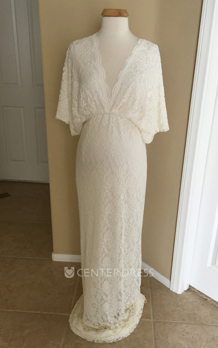 Empire Lace Scalloped V-neck Short Sleeve Ruched Maternity Wedding Dress