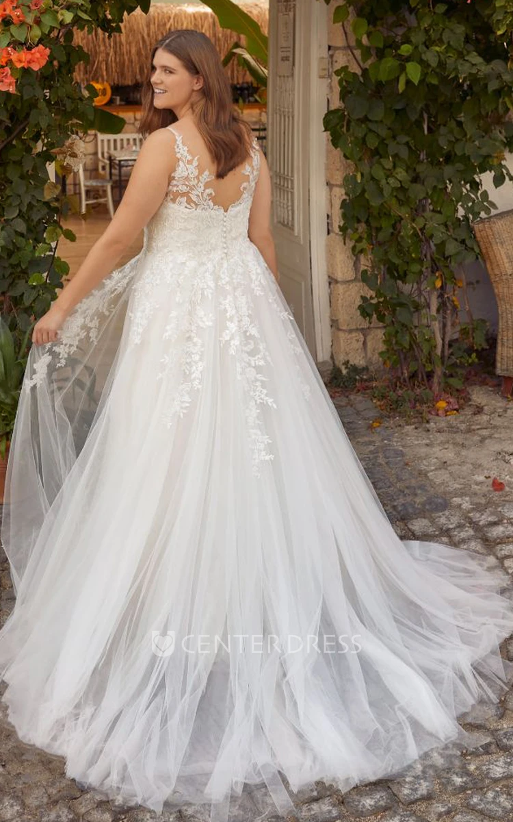 Romantic Lace Brush Train Sleeveless A Line V-neck Wedding Dress with Appliques