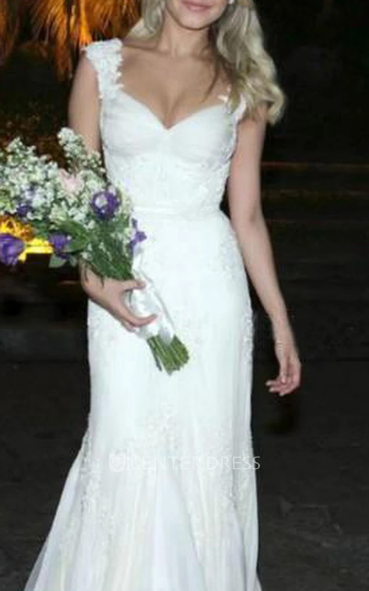 Sheath Queen Anne V-neck Lace Open Back Backless Zipper Wedding Dress