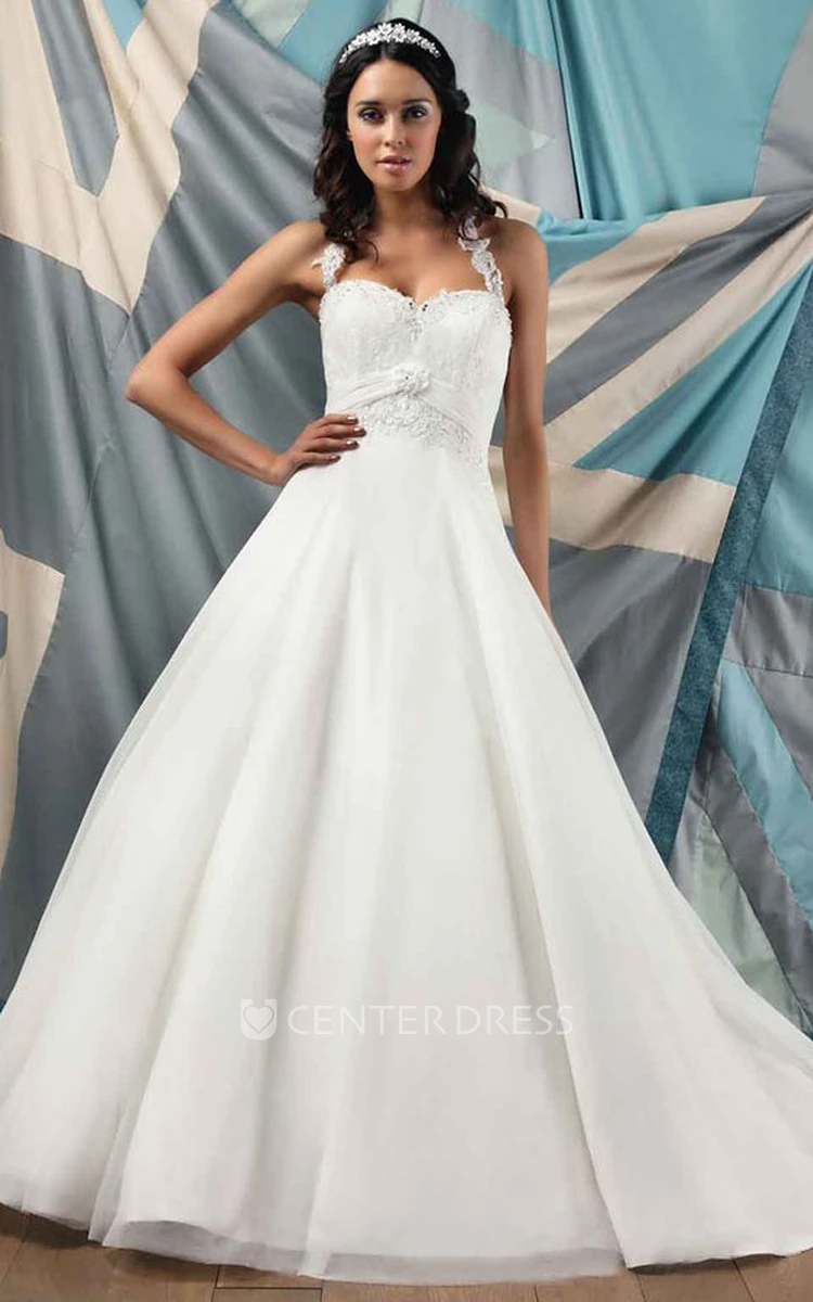 A-Line Sleeveless Long Strapped Appliqued Tulle&Satin Wedding Dress