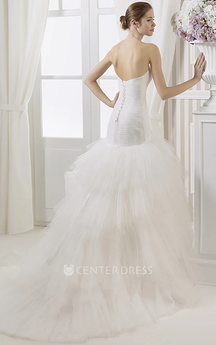 Trumpet Sweetheart Ruched Long Tulle Wedding Dress With Flower And Tiers