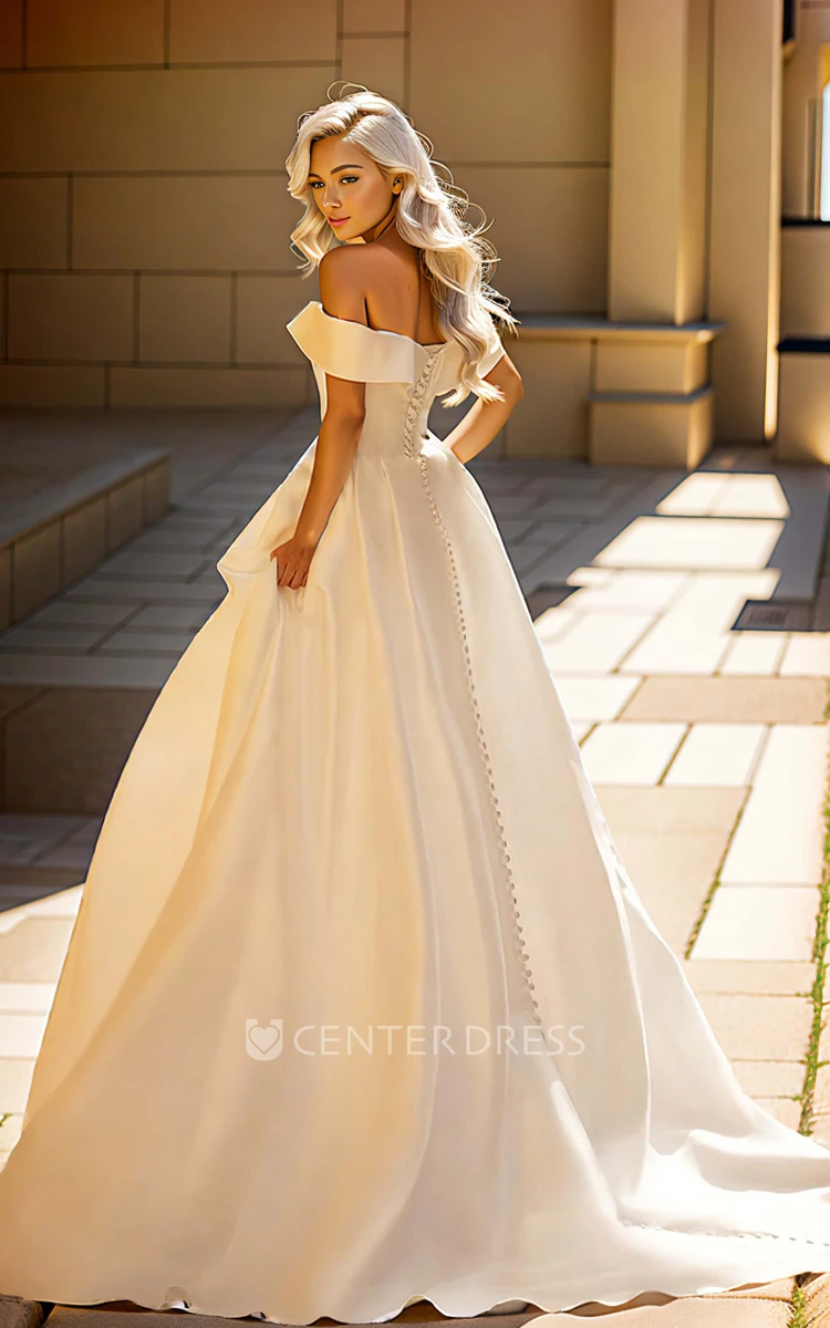 Simple Elegant Off-the-shoulder Sleeveless Satin A-Line V-neck Wedding Dress Sexy Solid Floor-length Corset Back Bridal Gown with Button Sweep Train