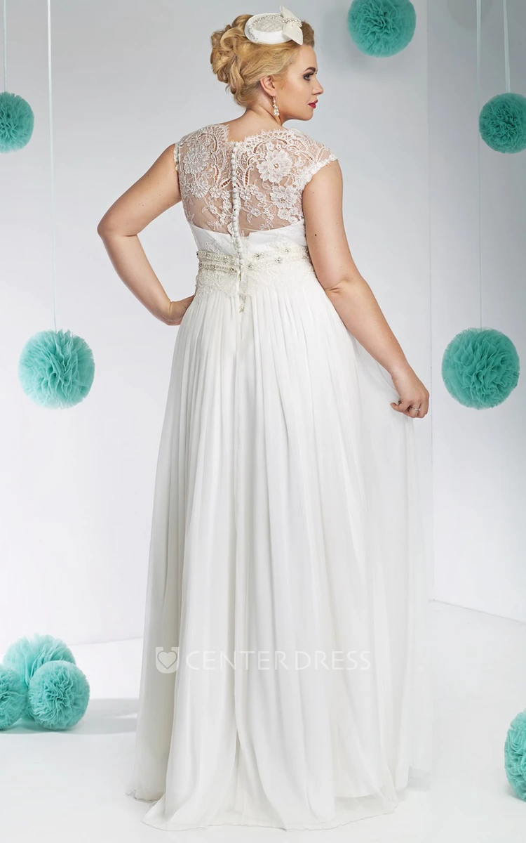 Bateau-Neck Long Jeweled Tulle&Lace Plus Size Wedding Dress