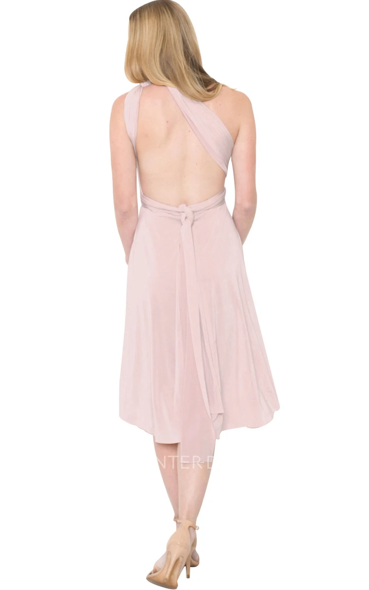 Tea-Length Sleeveless One-Shoulder Ruched Chiffon Muti-Color Convertible Bridesmaid Dress
