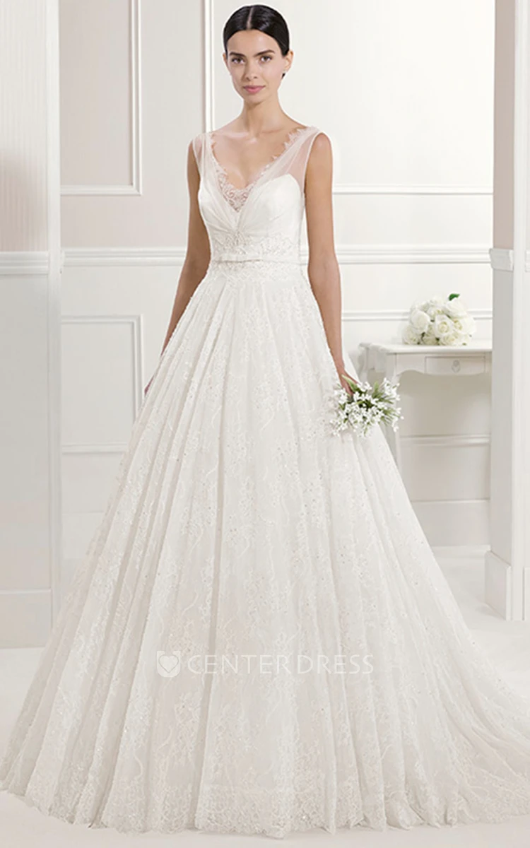 V Neck A-line Lace Bridal Gown With V Back And Back Flower