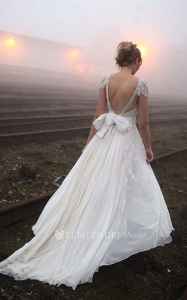 A Line V-neck Chiffon Lace Open Back Wedding Gown