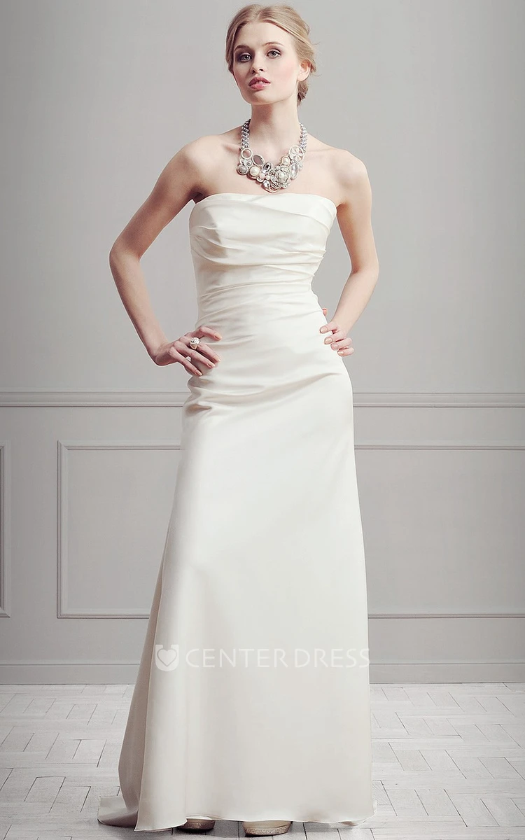Sheath Strapless Floor-Length Ruched Sleeveless Satin Wedding Dress
