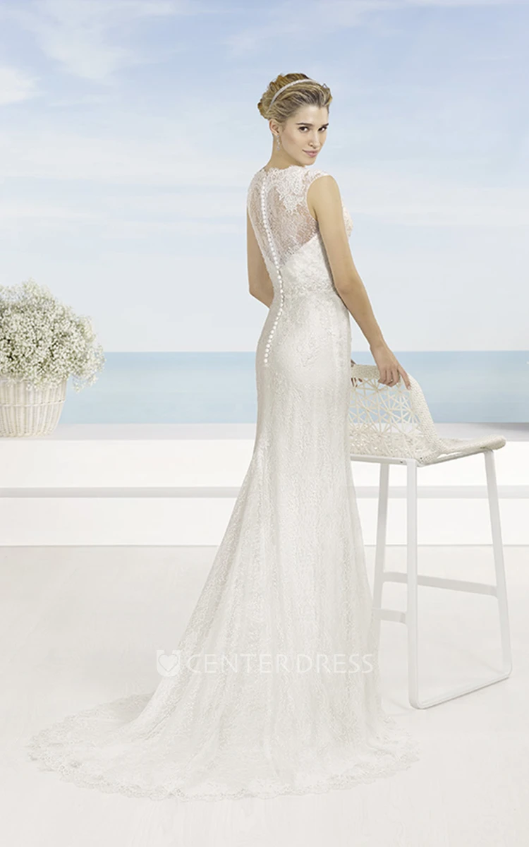 Sheath Floor-Length V-Neck Sleeveless Lace Wedding Dress With Waist Jewellery And Illusion