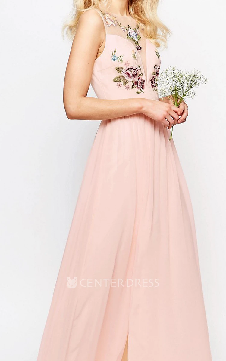 Sheath Ankle-Length Scoop-Neck Sleeveless Chiffon Bridesmaid Dress With Embroidery And Illusion