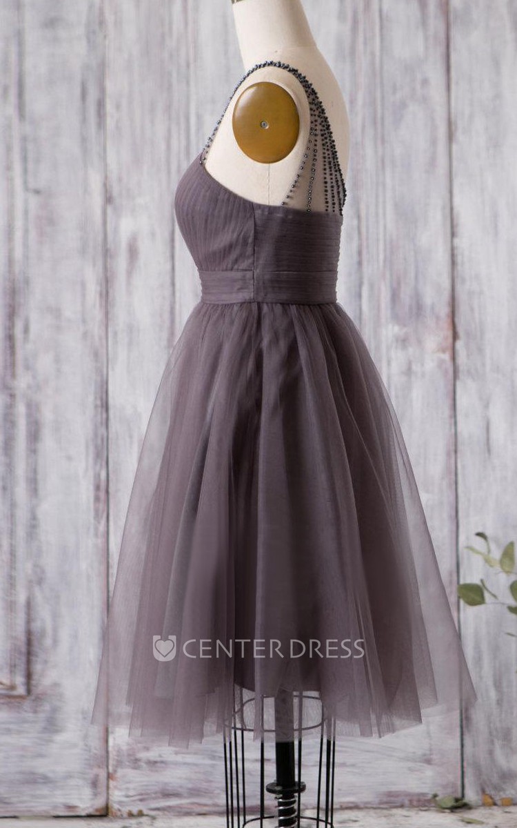 Beaded Single Strap Sweetheart A-line Pleated Tulle Knee Length Dress -  UCenter Dress