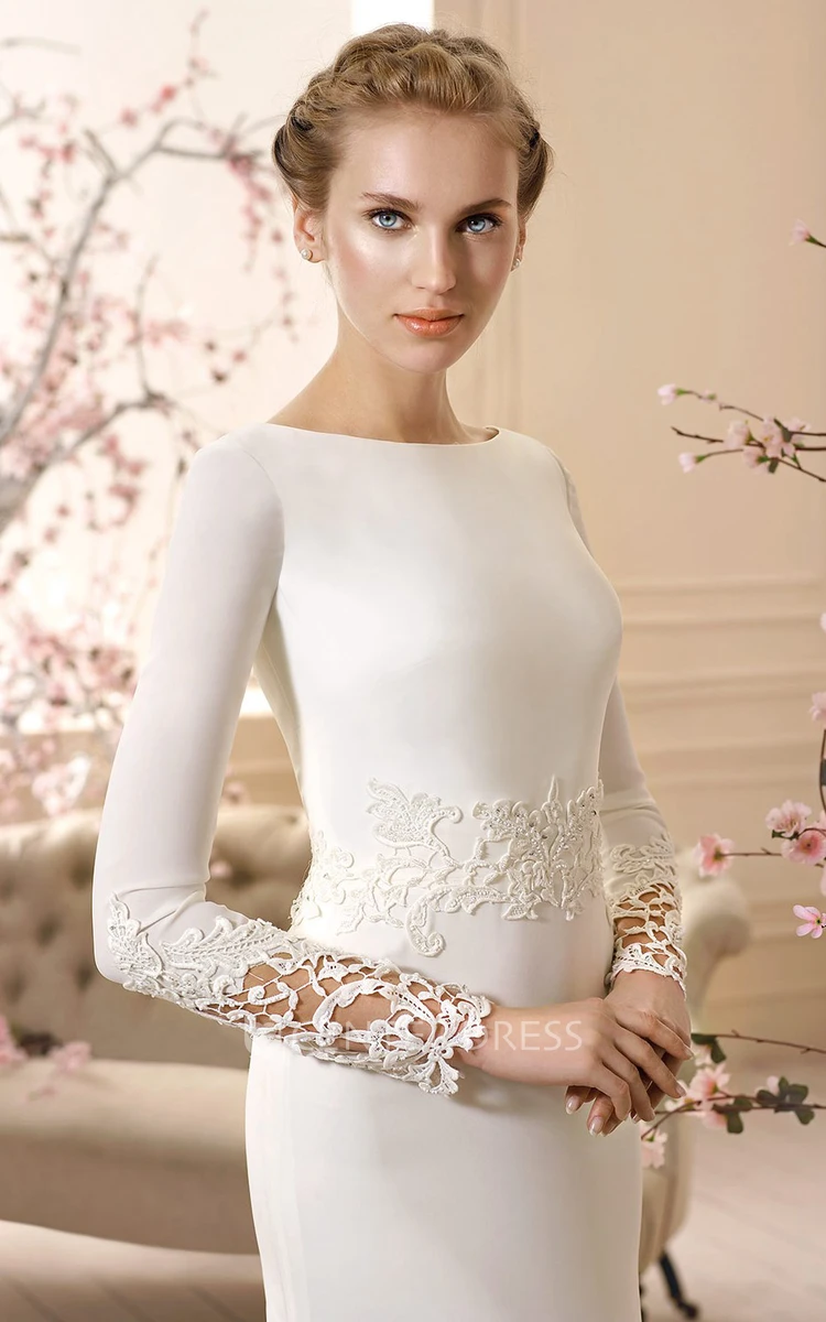 Floor-Length High-Neck Long-Sleeve Appliqued Jersey Wedding Dress