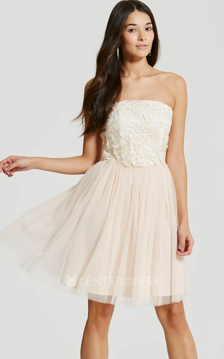 Short Appliqued Strapless Tulle Bridesmaid Dress