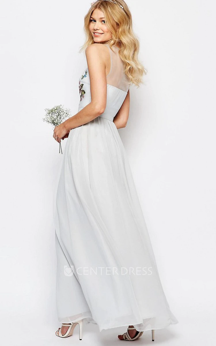 Ankle-Length Scoop Neck Sleeveless Embroidered Chiffon Bridesmaid Dress