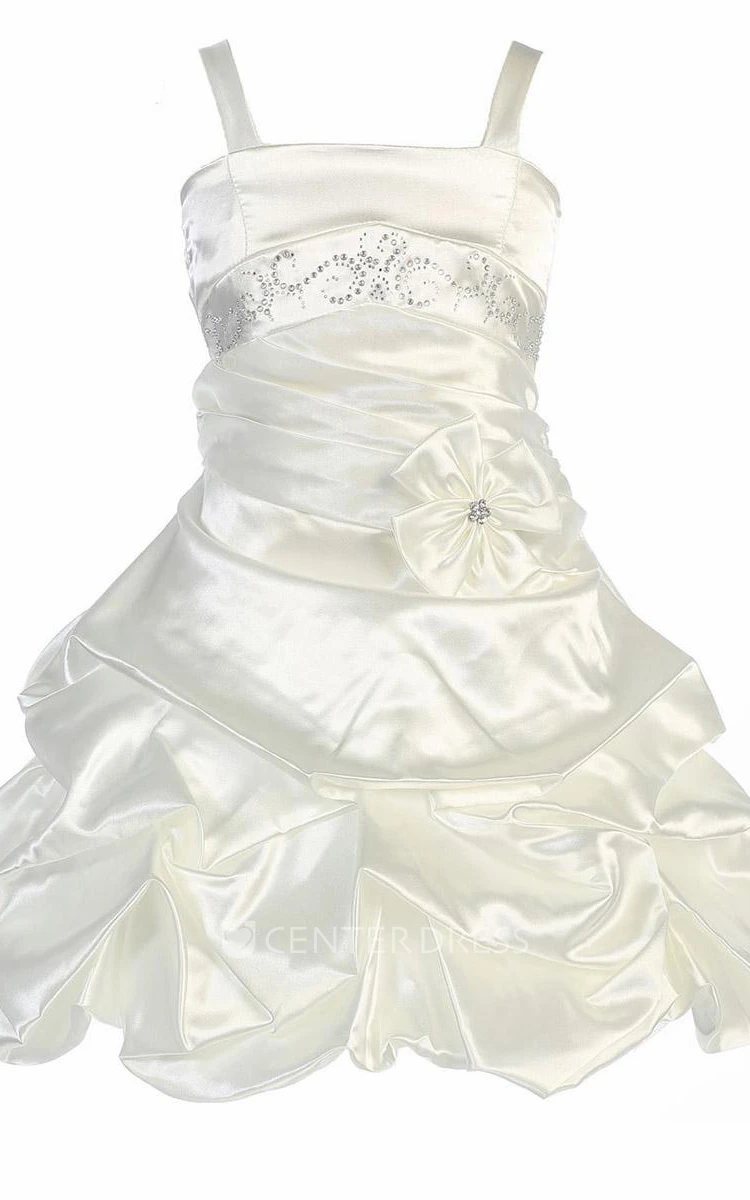 Floral Midi Beaded Pleated Satin Flower Girl Dress With Tiers