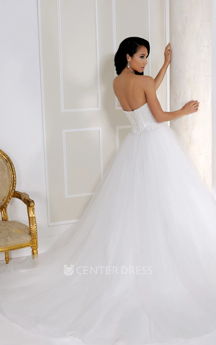 Maxi Sweetheart Beaded Satin&Tulle Wedding Dress With Chapel Train And Lace-Up