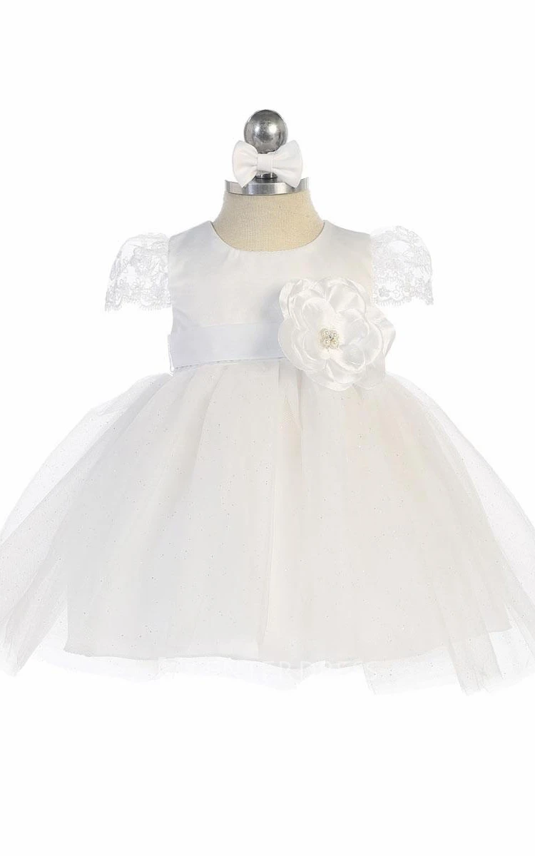 Floral Tea-Length Tiered Tulle&Satin Flower Girl Dress With Embroidery