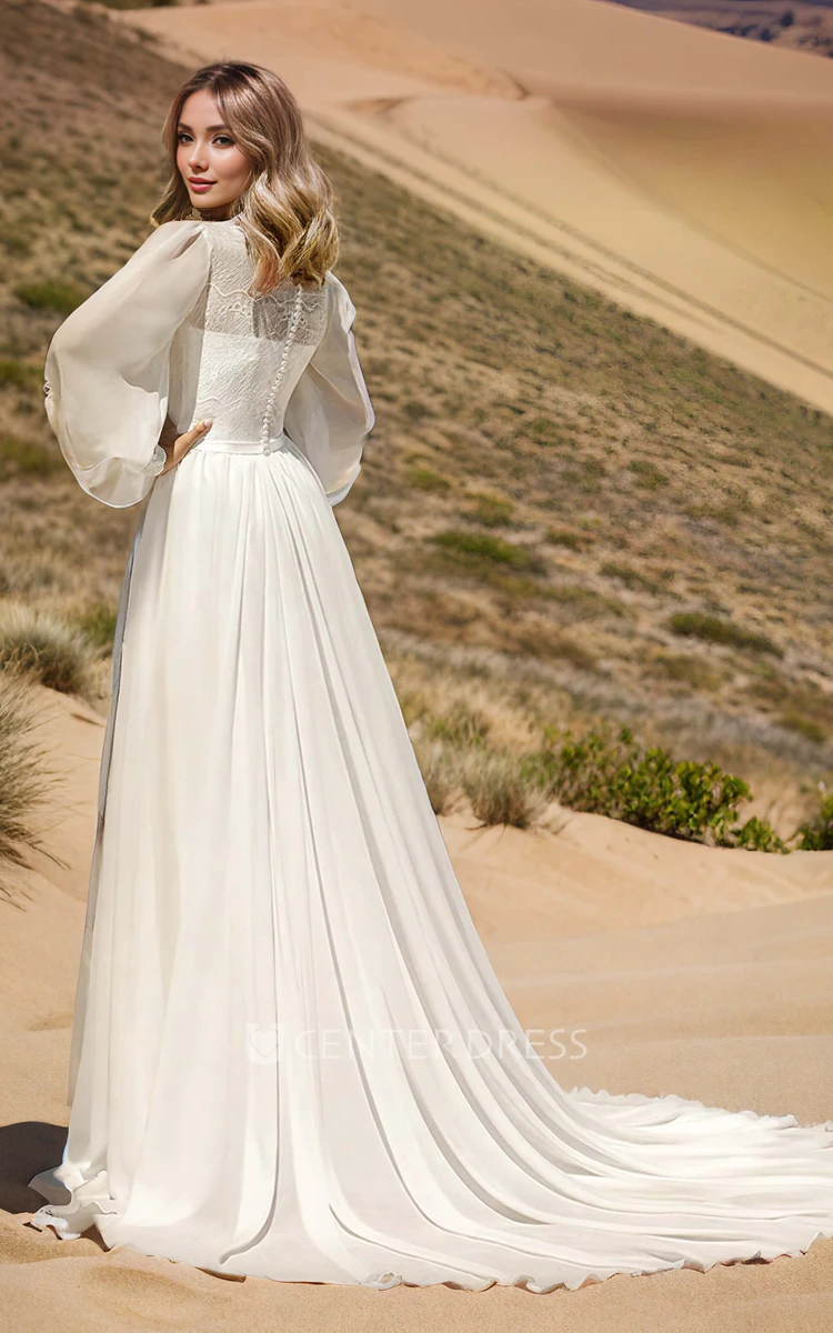 Long Sleeve Modest Rustic Casual A-Line Bateau Neck Wedding Dress Gowns with Train