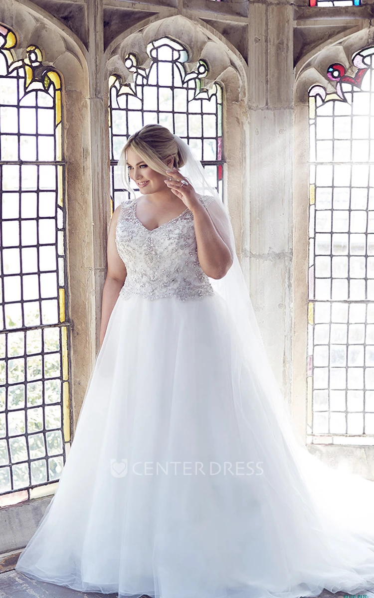 Ball Gown Long V-Neck Sleeveless Tulle Plus Size Wedding Dress With Beading