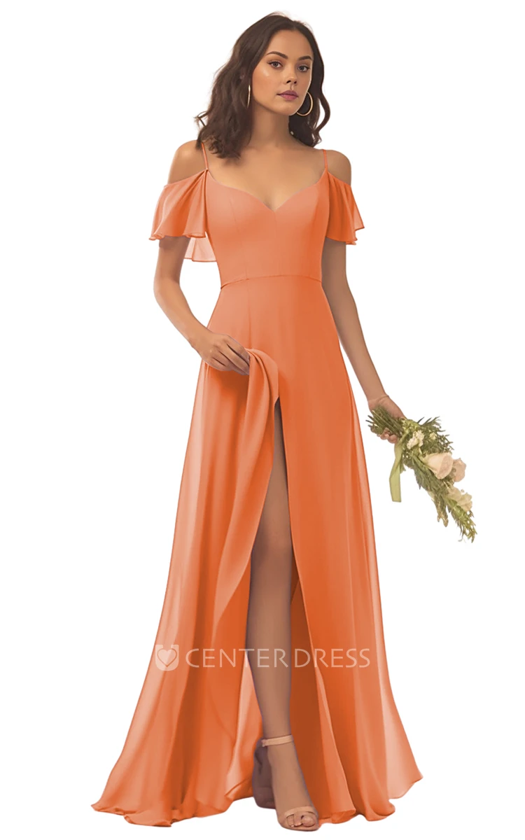 Spaghetti Chiffon Bridesmaid Dress with A-Line and Split Front Beautiful and Modern