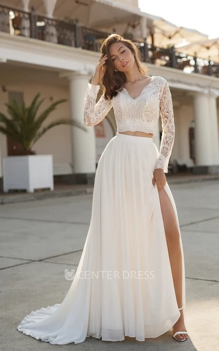 Two Piece Chiffon Sexy V-neck Bridal Gown with Beach Sweep Train Lace Long Sleeve Zipper