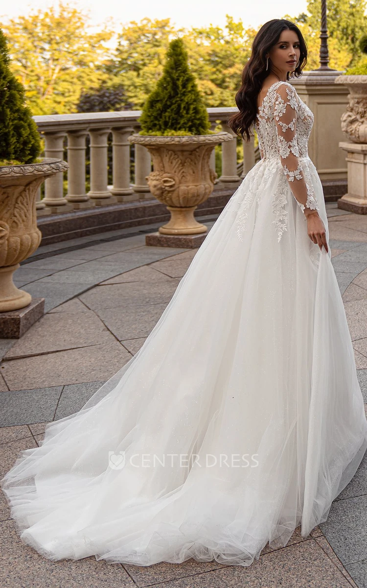 Casual Plunging Neck A Line Tulle Court Train Wedding Dress with Appliques