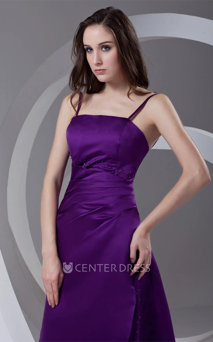 Spaghetti A-line Satin Formal Gown with Corset Back and Beading