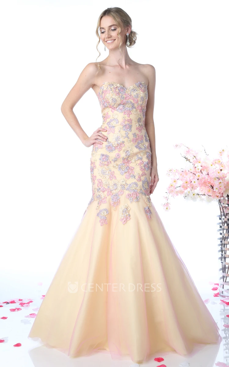 Muti-Color Mermaid Maxi Sweetheart Sleeveless Backless Dress With Appliques And Flower