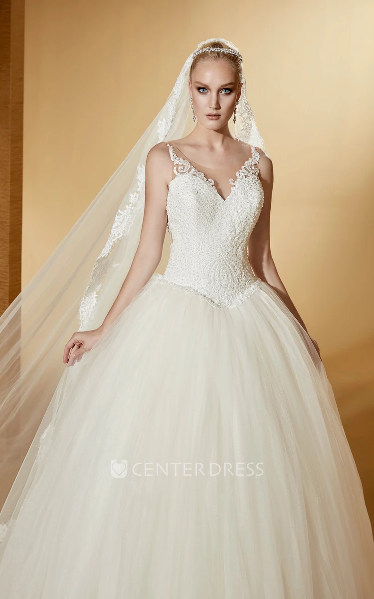 V-neck Puffy Wedding Gown with Lace Corset and Open Back