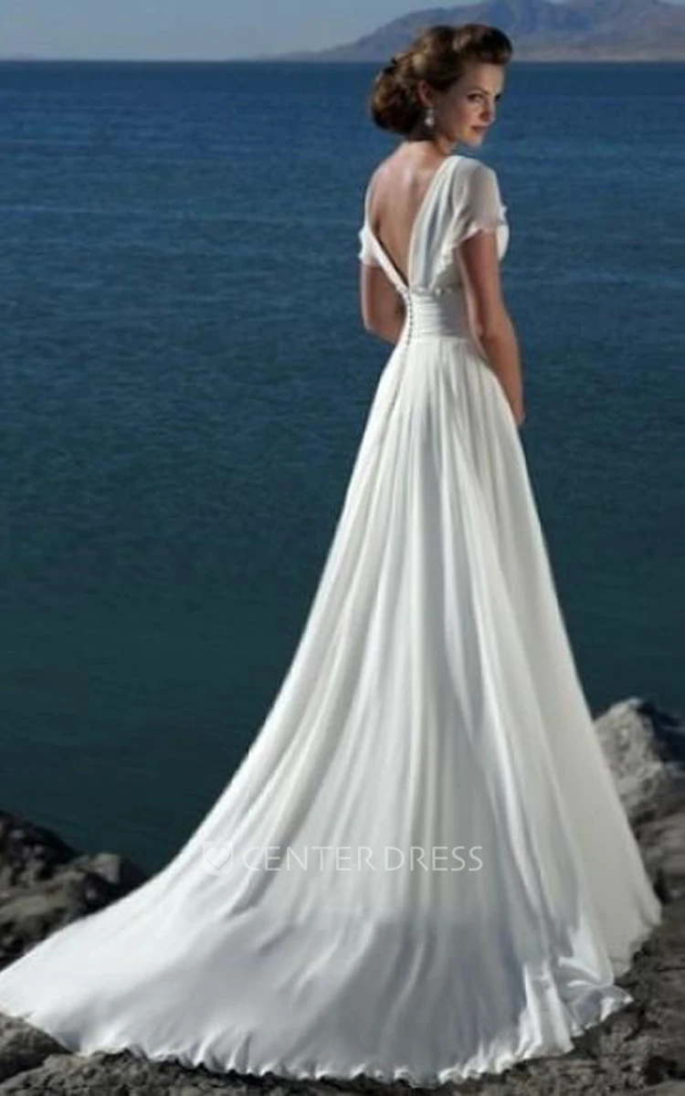 Grecian A-line Princess V-neck Short Sleeves Beading Sweep Brush Train Chiffon Beach Wedding Dress